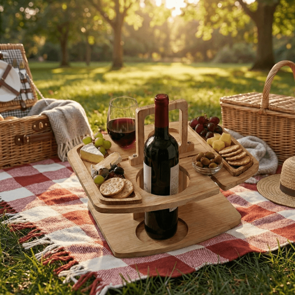 Vinbord i træ til picnic og aperitif – luksuriøst vin- og snackbord til udendørs brug