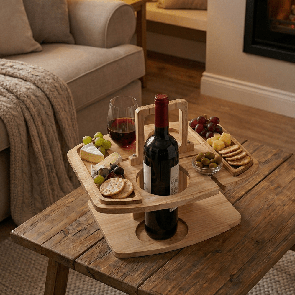 Vinbord i træ til picnic og aperitif – luksuriøst vin- og snackbord til udendørs brug