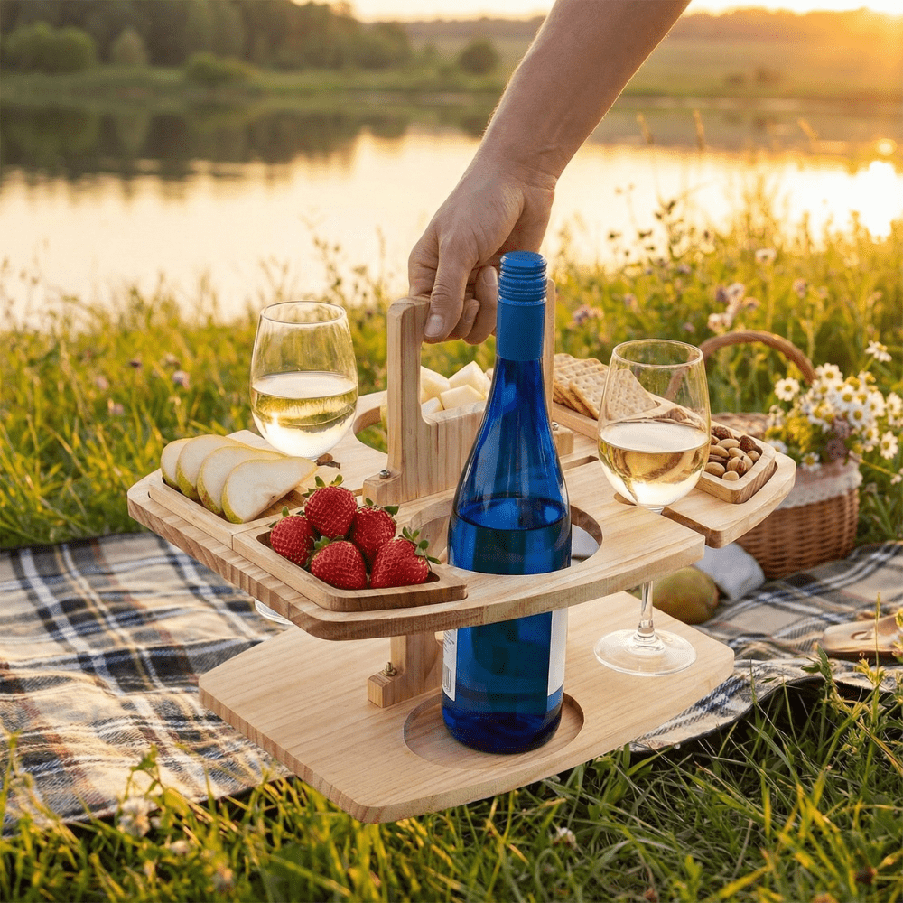 Vinbord i træ til picnic og aperitif – luksuriøst vin- og snackbord til udendørs brug